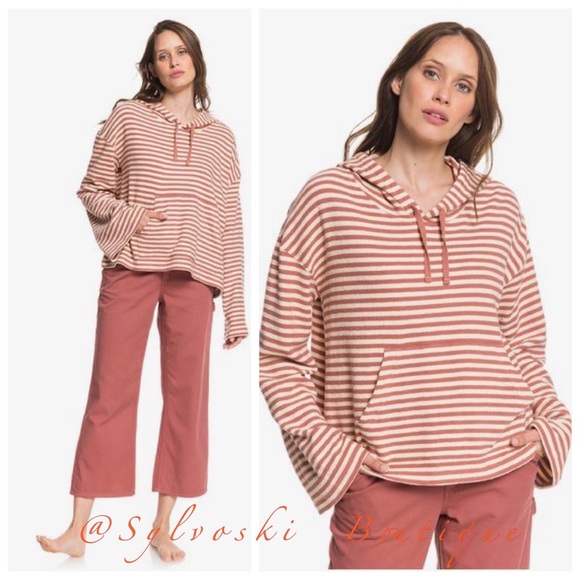 🔥 Roxy Get Casual Striped Hooded Sweatshirt NWT - Picture 2 of 6